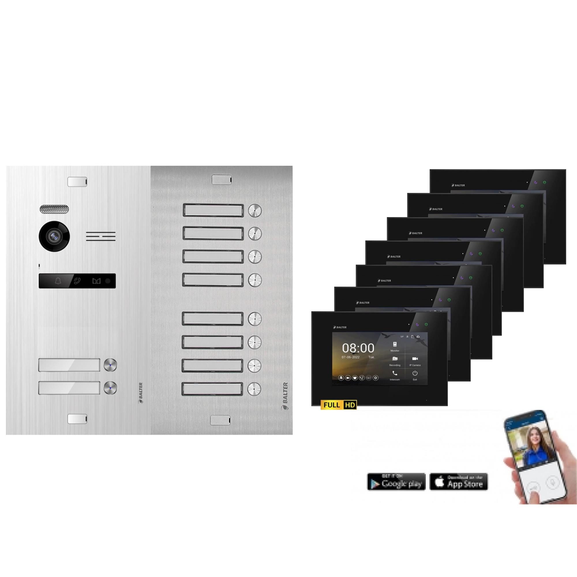 Balter Video-Türsprechanlage BALTER HD WLAN Türsprechanlage EVO 10-Familienhaus Silber Schwarz (Set, 10-Familienhaus, Komplettset, Full HD 175° Kamera, App-Steuerung)