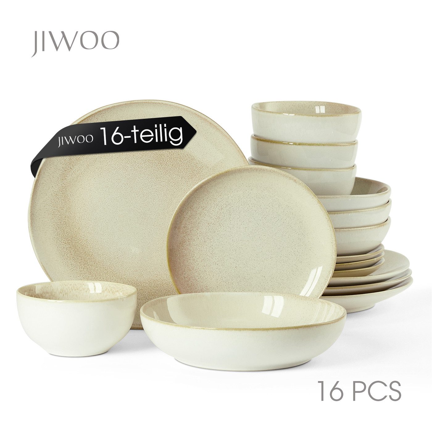 JIWOO Geschirr-Set 16er,Kombiservice,Tafelservice,Teller-Sets,Geschirr-Frühstückssets (16-tlg), 4 Personen, Keramik, Keramik,glänzende Reaktivglasur,Mikrowellen-und spülmaschinenfest