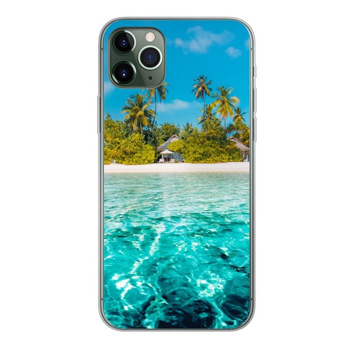 MuchoWow Handyhülle Blick auf einen Strand mit Palmen vom Wasser aus Handyhülle Apple iPhone 11 Pro Max Smartphone-Bumper Print Handy