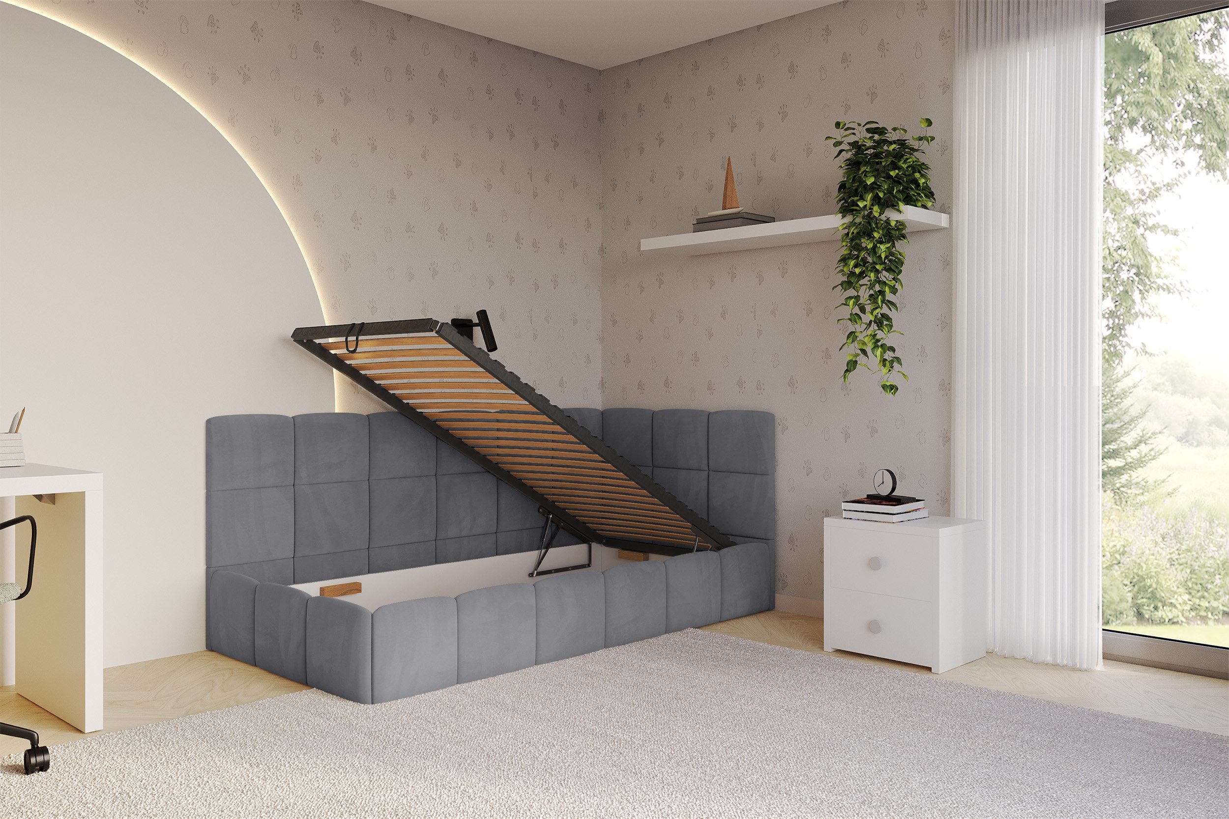 ALTDECOR Jugendbett LIVY (Jugendbett mit Bettkasten und Lattenrost, Polsterbett mit Matratze), Einzelbett mit Stauraum, Bett mit Kopfteil