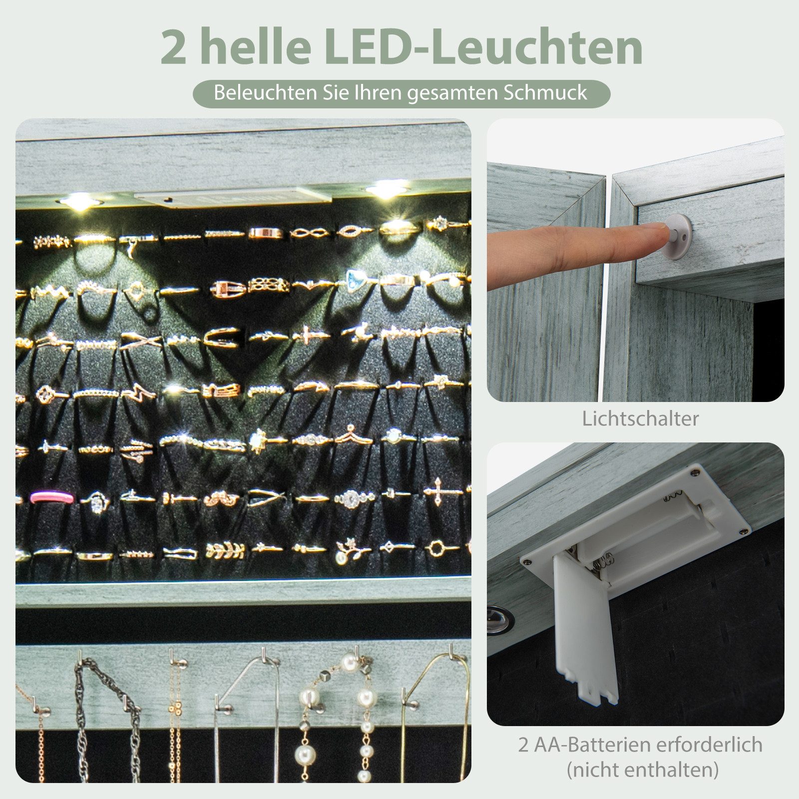 COSTWAY Schmuckschrank mit LED & Spiegel abschließbar, Wandspiegel hängend