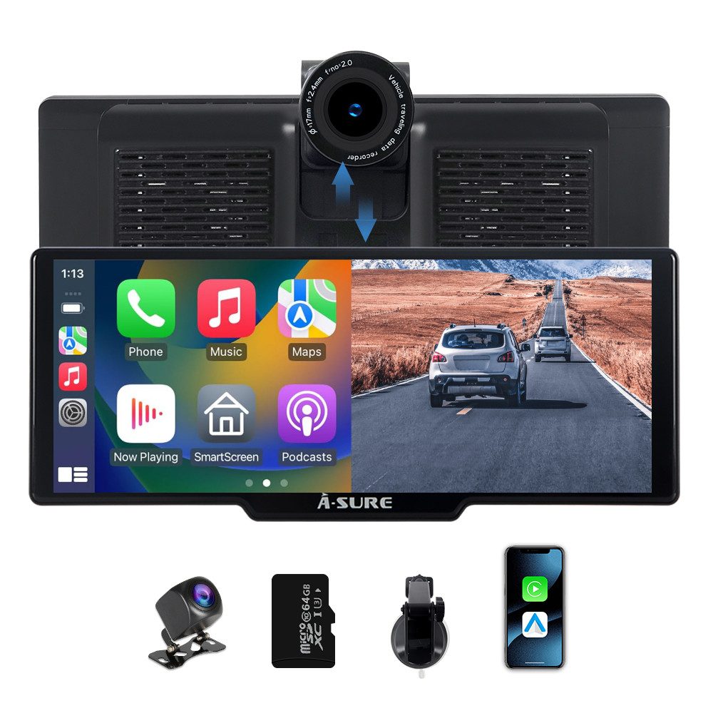 A-Sure 10.26" 4K Wireless Carplay Android Auto AutoRadio GPS Navigationsgerät Dashcam (WiFi, Apple carplay, Android Auto, TF Card, 4K-Frontkamera/10.26" IPS Bildschirm( 1600*600) /64GB Rom TF Card)