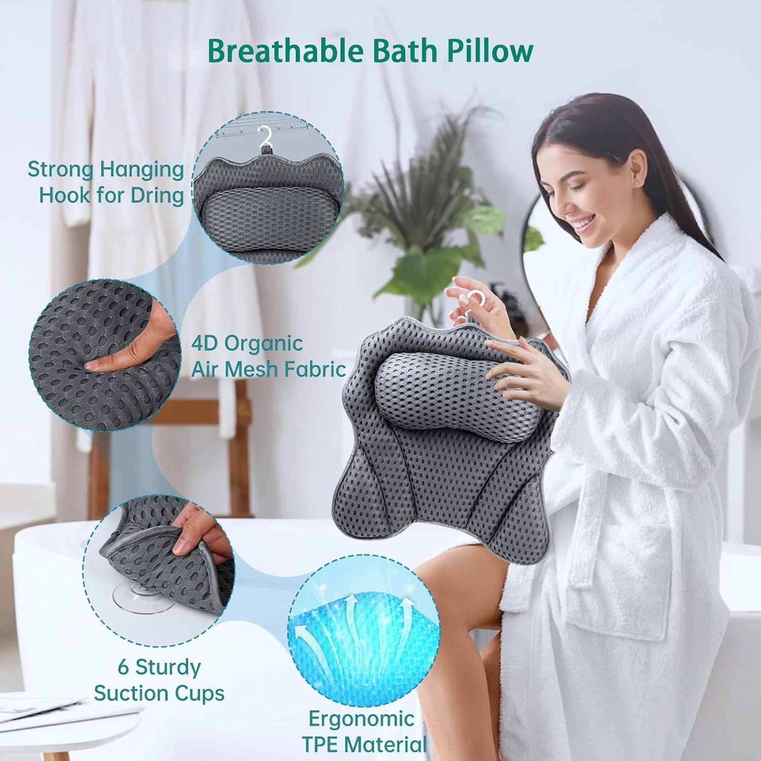 Refined Living Badewannenkissen Ergonomisches Badekissen mit 4D-Air-Mesh & 6 Saugnäpfen,Spa Badekissen, Luxus Badewannenkissen mit Aufhängehaken, 4D Air Mesh Badekissen, Kopfkissen Badewanne, Badewannenzubehör, Nackenkissen Badewanne, mit Nacken- und Rückenstütze, rutschfest und waschbar, 1-tlg., schimmelresistent,antibakteriell,atmungsaktiv, weiches, wasser, für alle Badewannen, Whirlpools und Jacuzzis, Wellness Badekissen