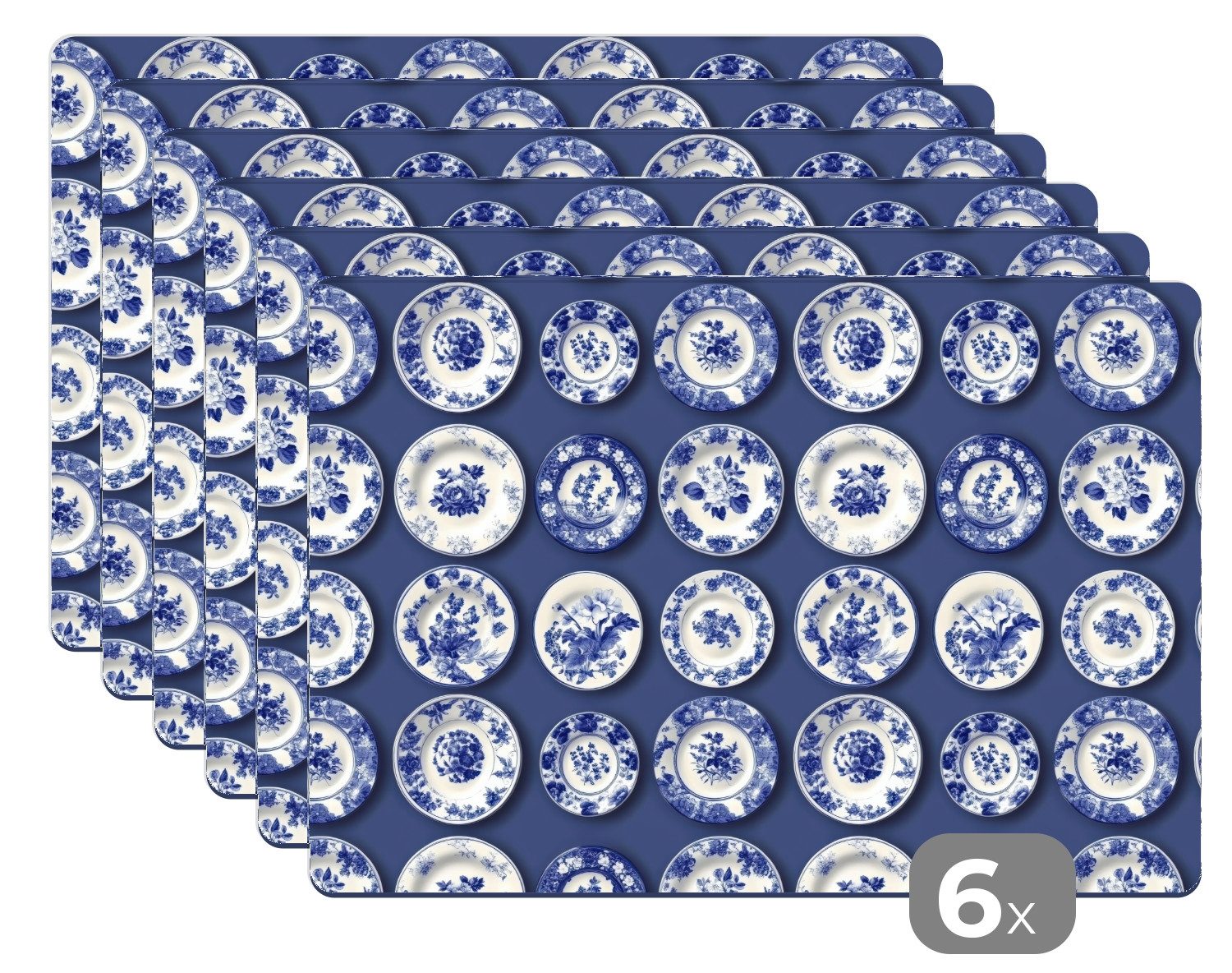 MuchoWow Platzset Teller - Floral - Blau, (6-St), Platzsets, Tischset, Abwaschbar, Tischsets, Platzdeckchen