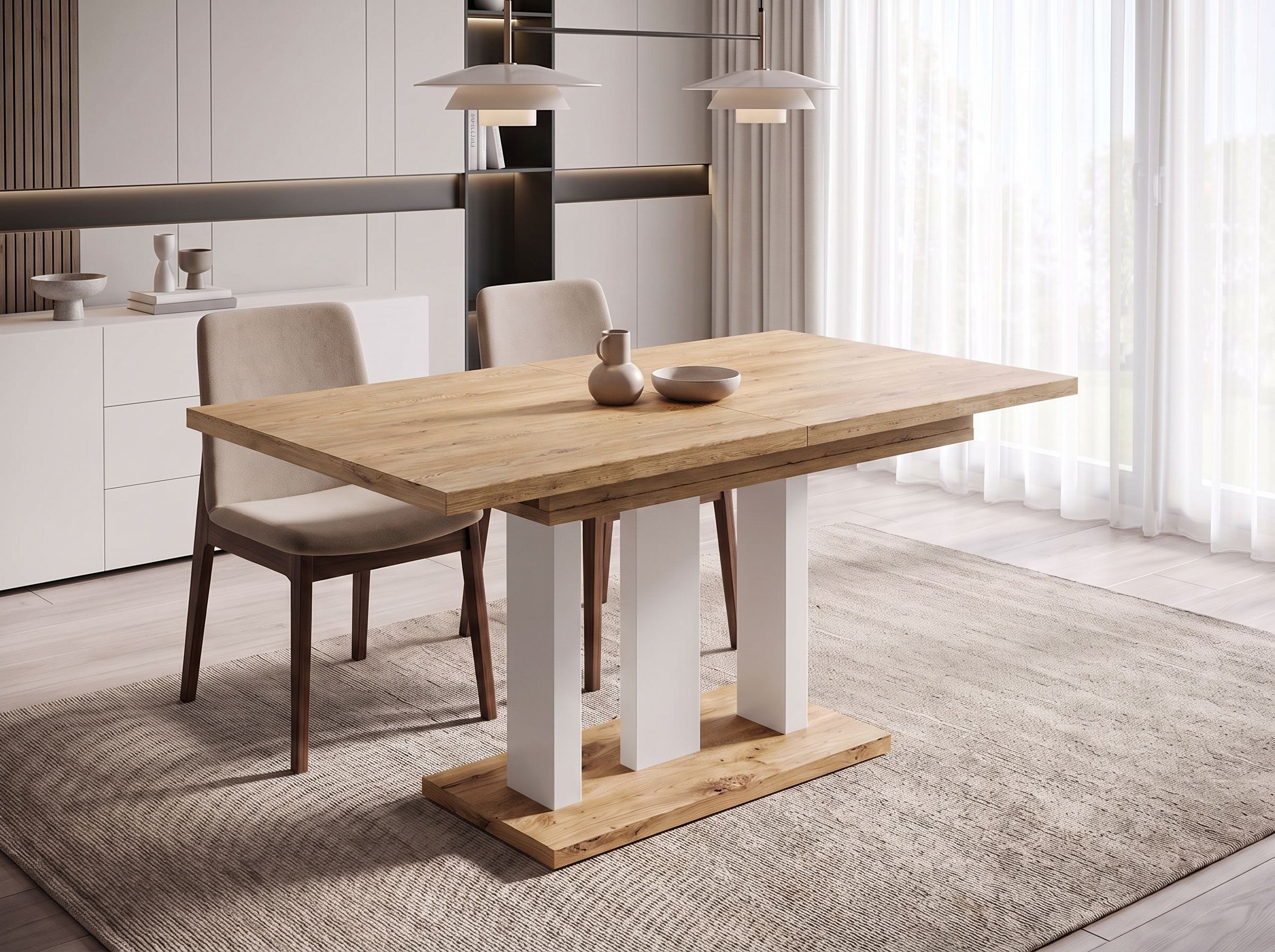 Endo-Moebel Säulen-Esstisch "Appia White" 130-210cm ausziehbar, erweiterbar, modern (1 Tisch), 2 Erweiterungsplatten, für 4, 6 oder 8 Personen, weiße Beine