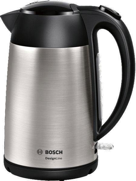 BOSCH Wasserkocher DesignLine TWK3P420, Ausgießen ohne Spritzer, Tassenanzeige, 1,7 l, 2400 W, Überhitzungsschutz, Edelstahl/schwarz