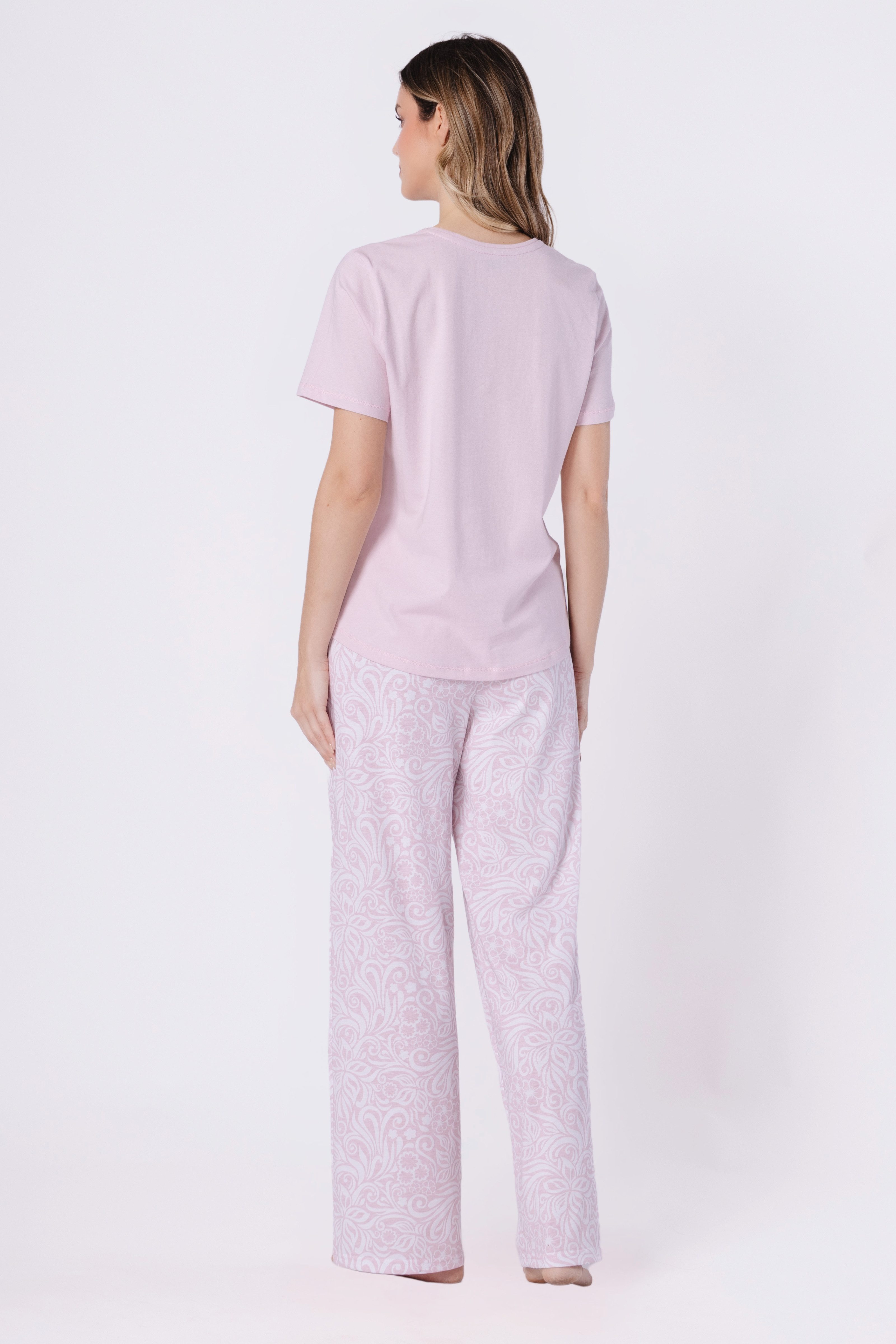 COOLISMO NIGHTWEAR Pyjama Schlafanzug Damen lang mit Kurzarm-Shirt (2 tlg) Schlaf-Hose in Powder-Rose mit weißen Blumenmuster – Bild 5 von 5