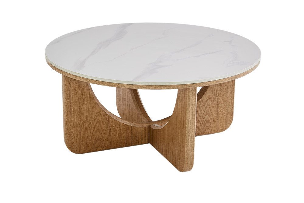 riess-ambiente Couchtisch ENSO 80cm weiß/natur - Keramik, Eiche-Design, Echtholzfurnier, rund (Einzelartikel, 1-St), Platte im Marmor-Stil & markantes Gestell - ideal für Dein Wohnzimmer