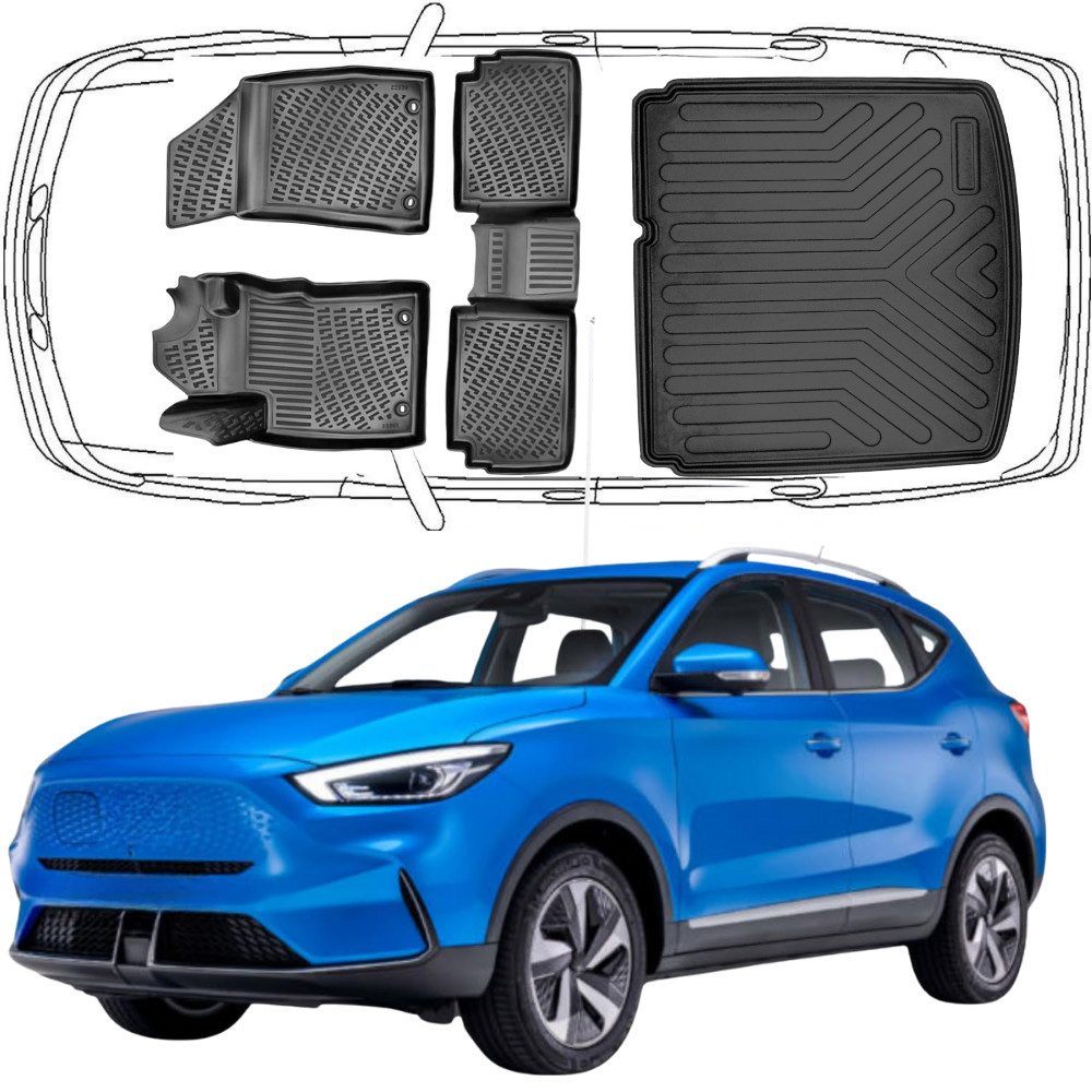 Trimak Passform-Fußmatten Oder Kofferraumwanne Oder Set kompatibel mit MG ZS, MG ZS EV ab 2021 Gummimatten Auto & Untere Kofferraummatte TPE