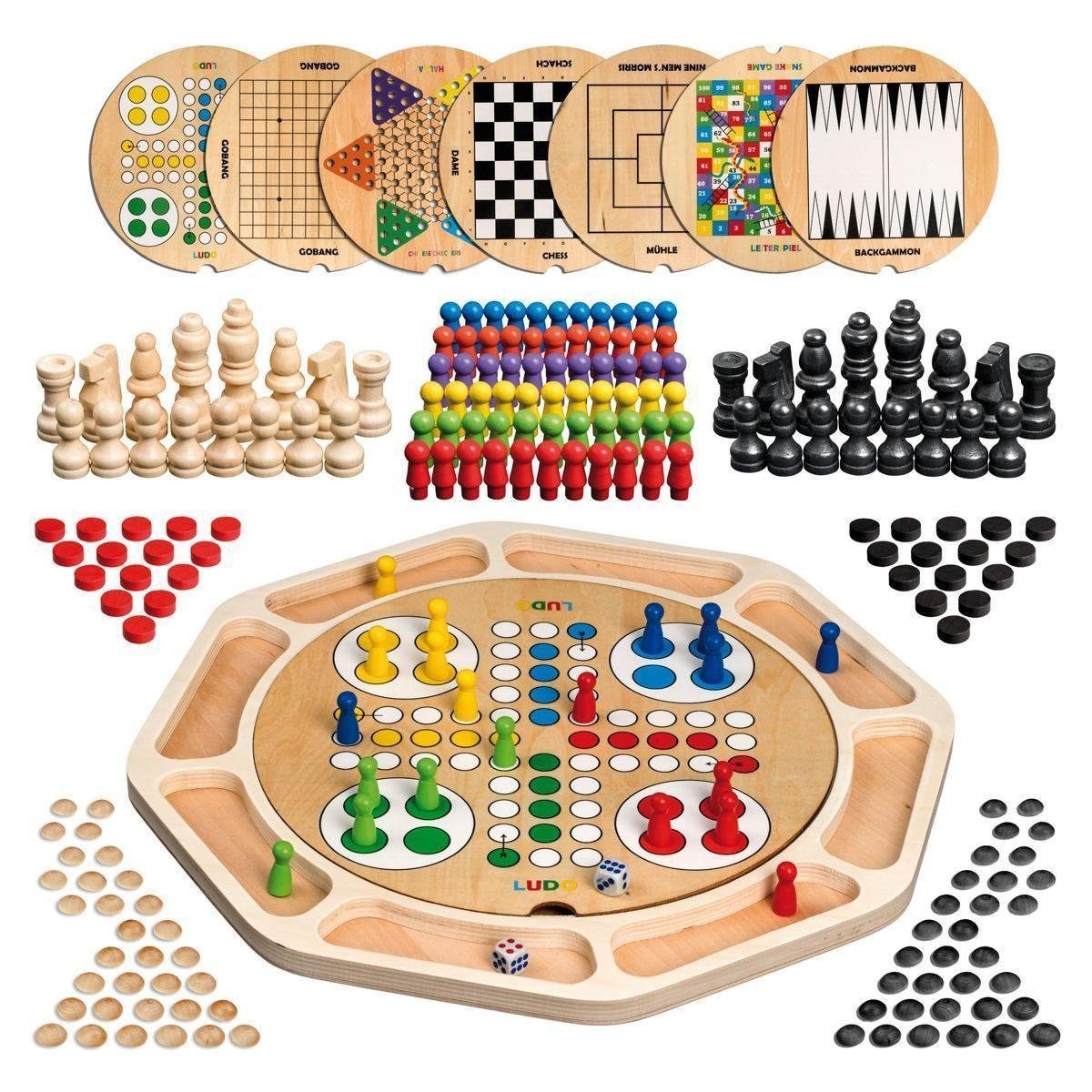Holz Philos Spiel, aus Holz, 1-2 Brettspiel Spielesammlung Familienspiel 9, Spieler,...