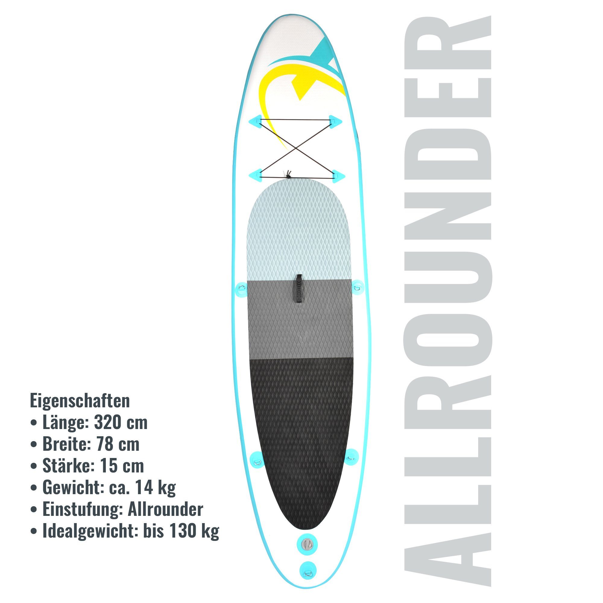 PB320 leicht - Tasche, zu Nemaxx inkl. NEMAXX Board Paddle SUP-Board, - transportieren Stand 320x78x15cm, Inflatable türkis/gelb Surf-Board & up Paddel aufblasbar - Surfbrett,