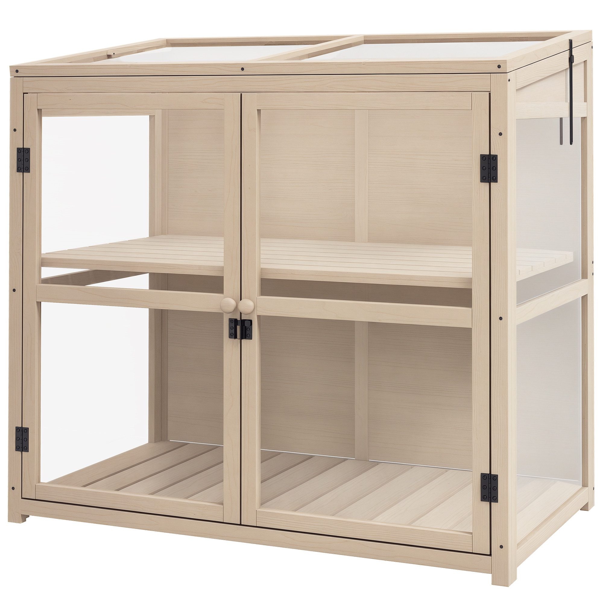 Outsunny Hochbeet Frühbeet aus Holz Gewächshaus mit Doppeltür, Dachfenster (Treibhaus, 1 St., Anzuchtbeet), für Garten, Balkon, Natur, 103 x 61 x 103 cm