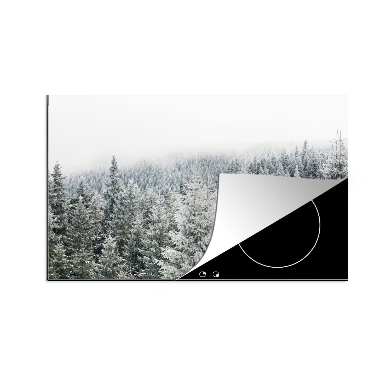 MuchoWow Herdblende-/Abdeckplatte Wald - Schnee - Winter - Jahreszeiten - Tannenbaum, Vinyl, (1 tlg), 80x52 cm, Induktionskochfeld Schutz für die küche, Ceranfeldabdeckung