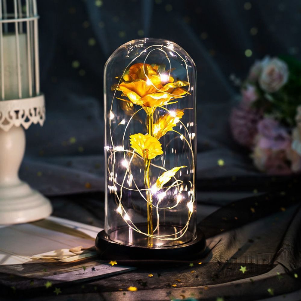 Kunstblume Ewige Rose im Glas - LED Goldrose - goldene Rose mit Licht, Gontence