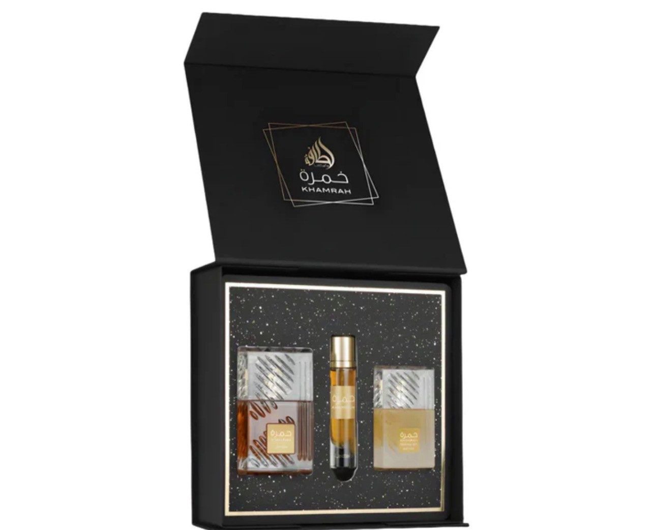 Lattafa Eau de Parfum Lattafa Khamrah 3-teilige Geschenkset, 3-tlg., 3-teiliges Set: 100 ml Parfum, 12 ml Reisespray, 50 ml Haarspray