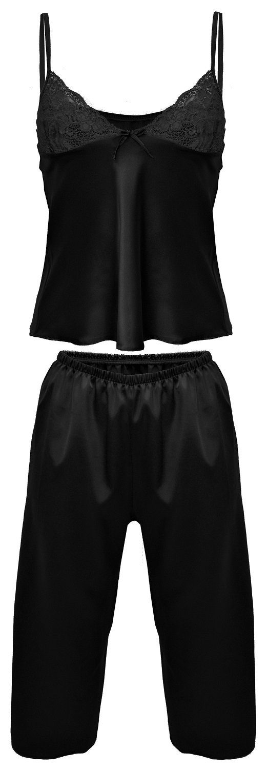DKaren Capri-Pyjama sinnliches 2teiliges in Nachtwäsche-Set Satin-Look schwarz elegantem