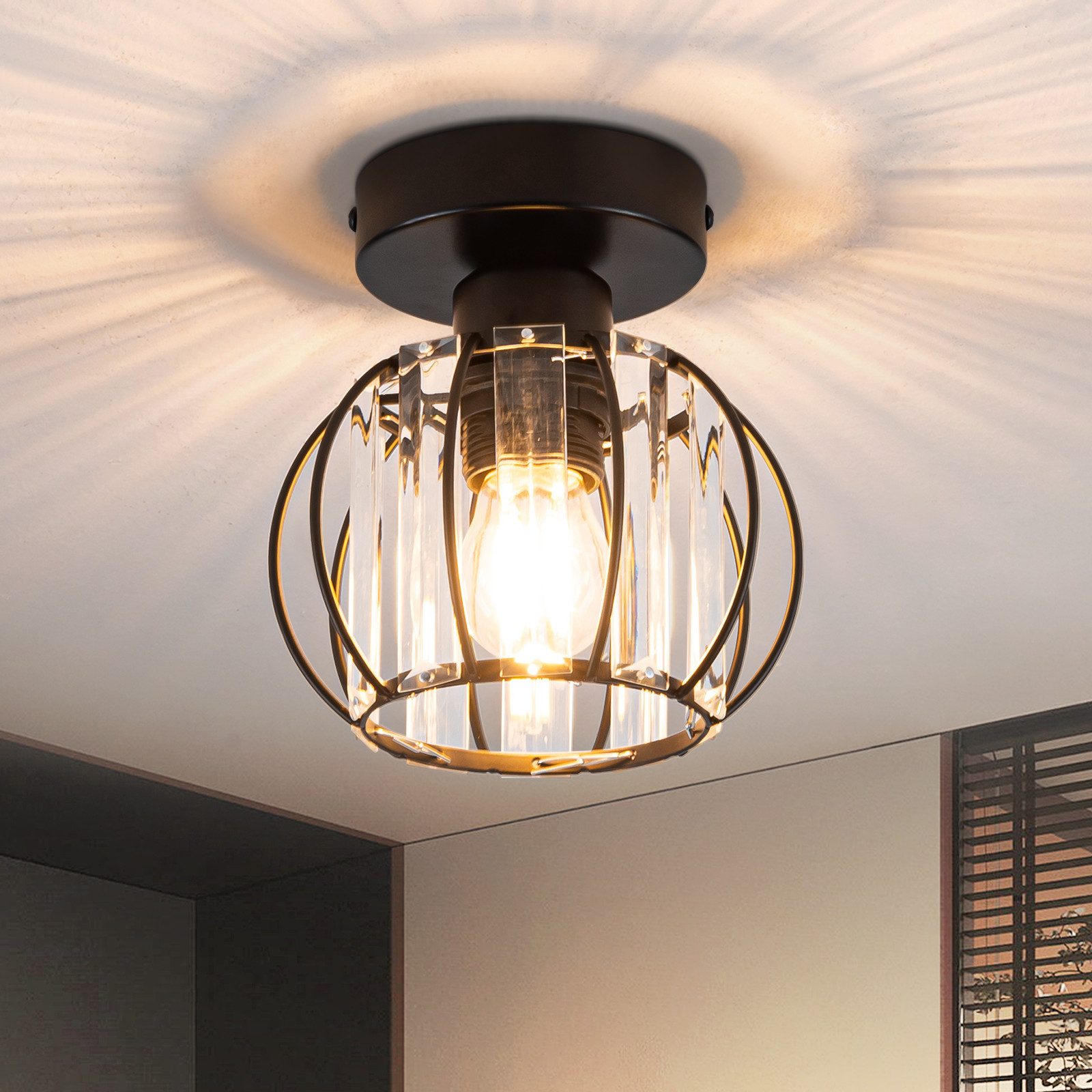 Nettlife Deckenleuchte Vintage Schwarz Kristall Modern E27 Küchenlampe Metall Rahmen, LED wechselbar, Innen Deckenbeleuchtung für Korridor Balkon Wohnzimmer Hotel