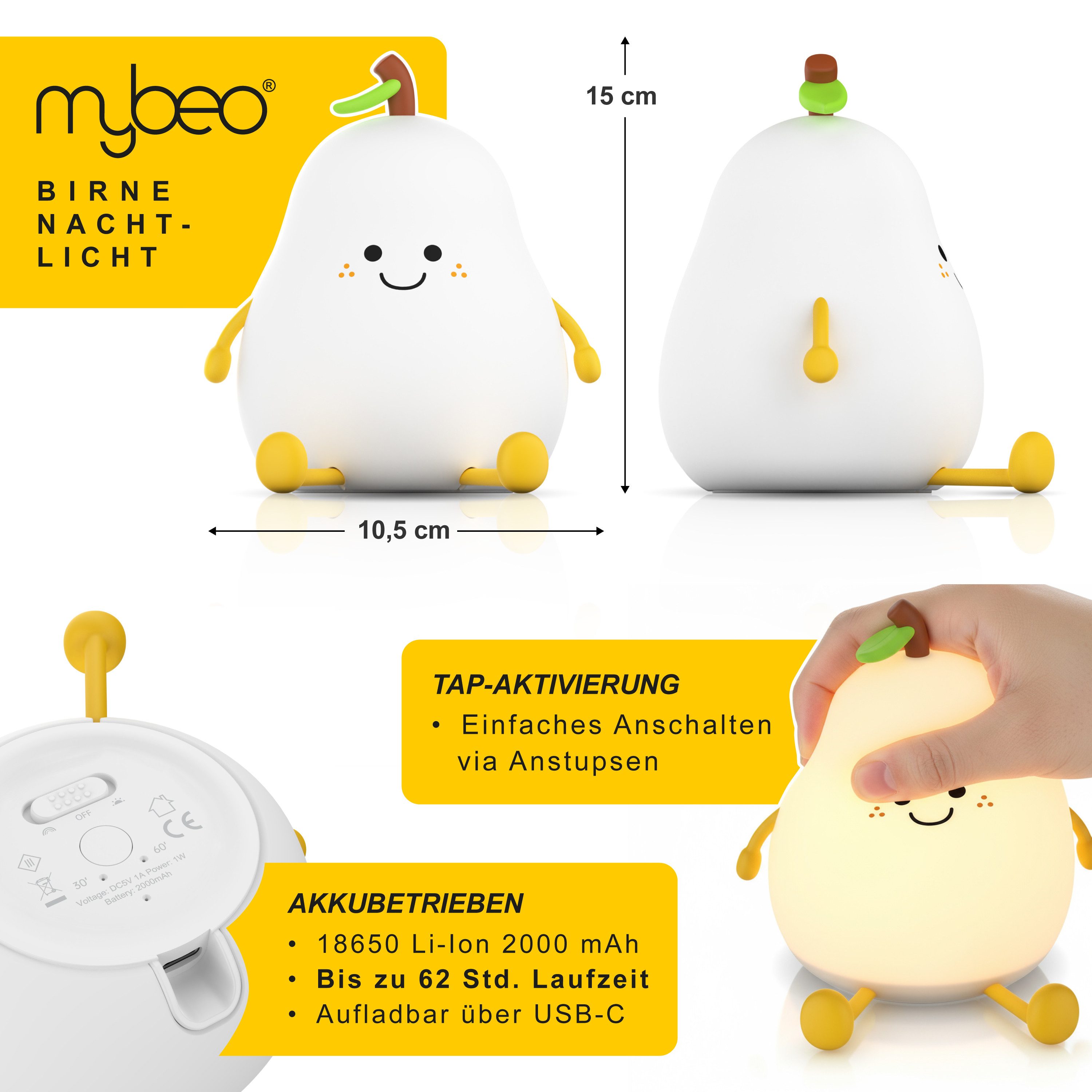MyBeo LED Nachtlicht für Babys und Kinder, dimmbar, Nachtleuchte mit RGB Farbwechsel, Akku, Dimmfunktion; Farbwechsel; mehrere Helligkeitsstufen; Nachtlichtfunktion, LED fest integriert, Extra-Warmweiß, Farbwechsler, Birne, Einschlafhilfe, Timer 30/60 Min, 3 Helligkeitsstufen, USB-C
