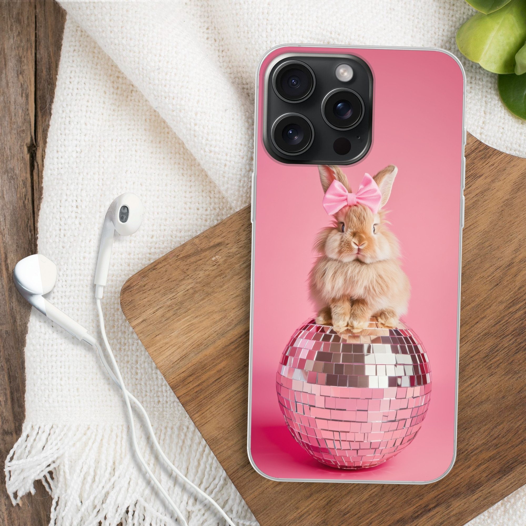 MuchoWow Handyhülle für Apple iPhone 15 Pro Max Schleife - Discoball - Kaninchen, Smartphone-Bumper, Print, Handy Schutzhülle Dünn