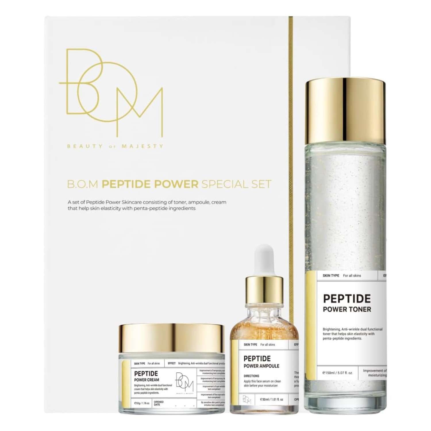 Beauty of Majesty Hautpflege-Set Peptide Power Gift Set 3-teilig – Koreanische Hautpflege mit Penta- Peptiden und 24K Gold, Toner 150ml + Ampoule 30ml + Cream 50g, K-Beauty Anti-Aging Pflegeset für alle Hauttypen