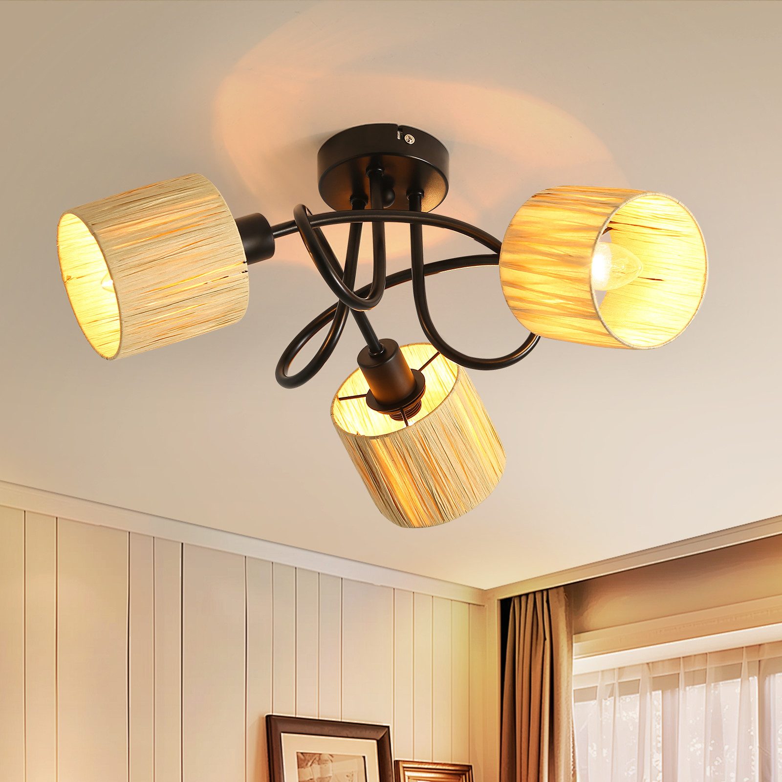ZMH Deckenstrahler 2/3/4/5 Flammig E14 Schwarz Natürlich Deckenlampe Papier Wohnzimmer, Einfache Installation, ohne Leuchtmittel, 350°Schwenkbar Deckenspots für Schlafzimmer Flur