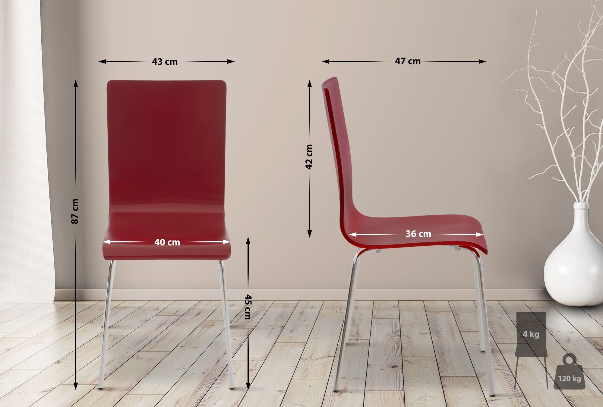 Besucherstuhl ergonomisch & Metallgestell geformter rot CLP Pepe, Holzsitz