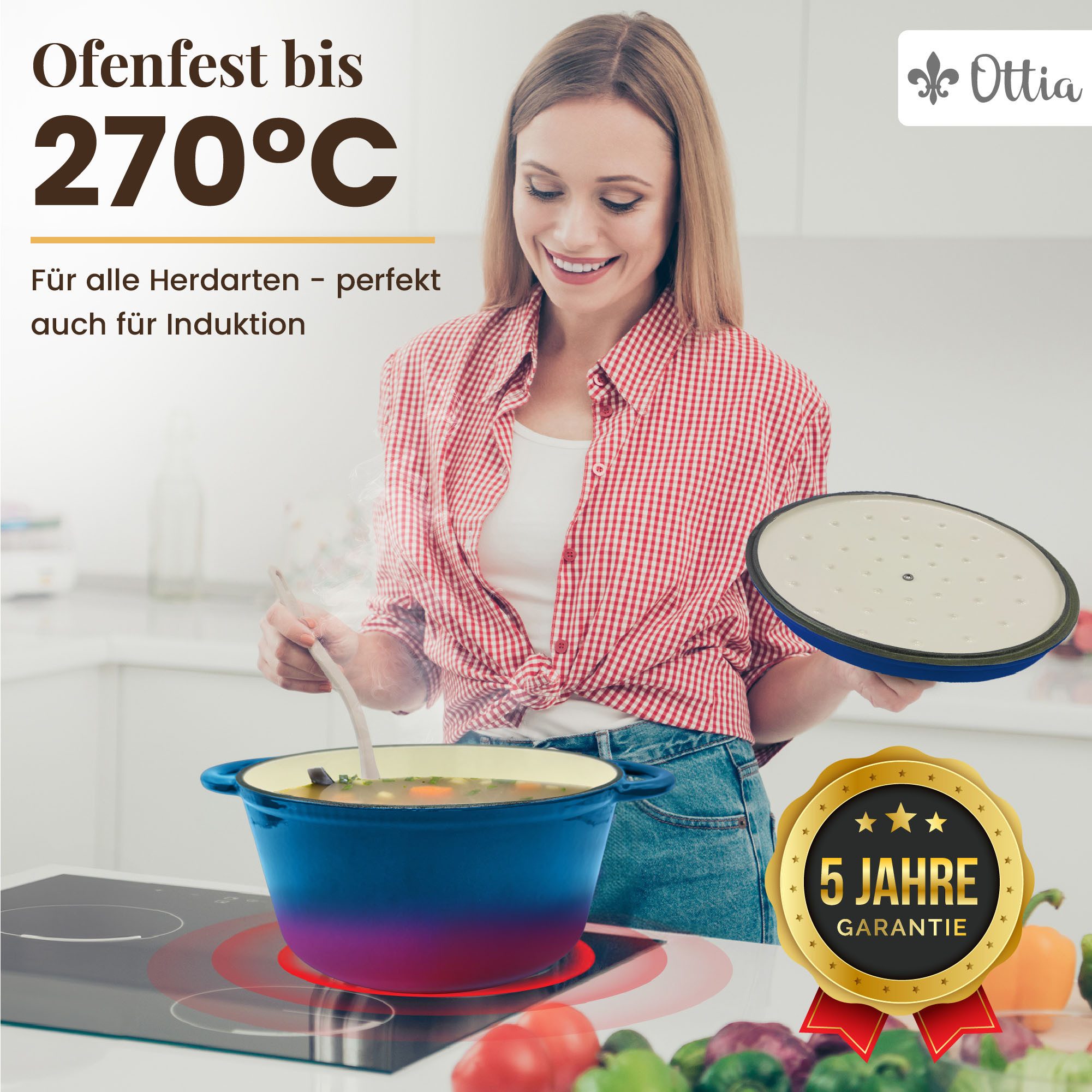 Ottia Schmortopf Gusseisen Topf lc, 26cm groß, 5L, Bräter, Brotbacktopf mit E-Book., Gusseisen, 3-fach Emaille, Händler aus Hamburg – Bild 4 von 5