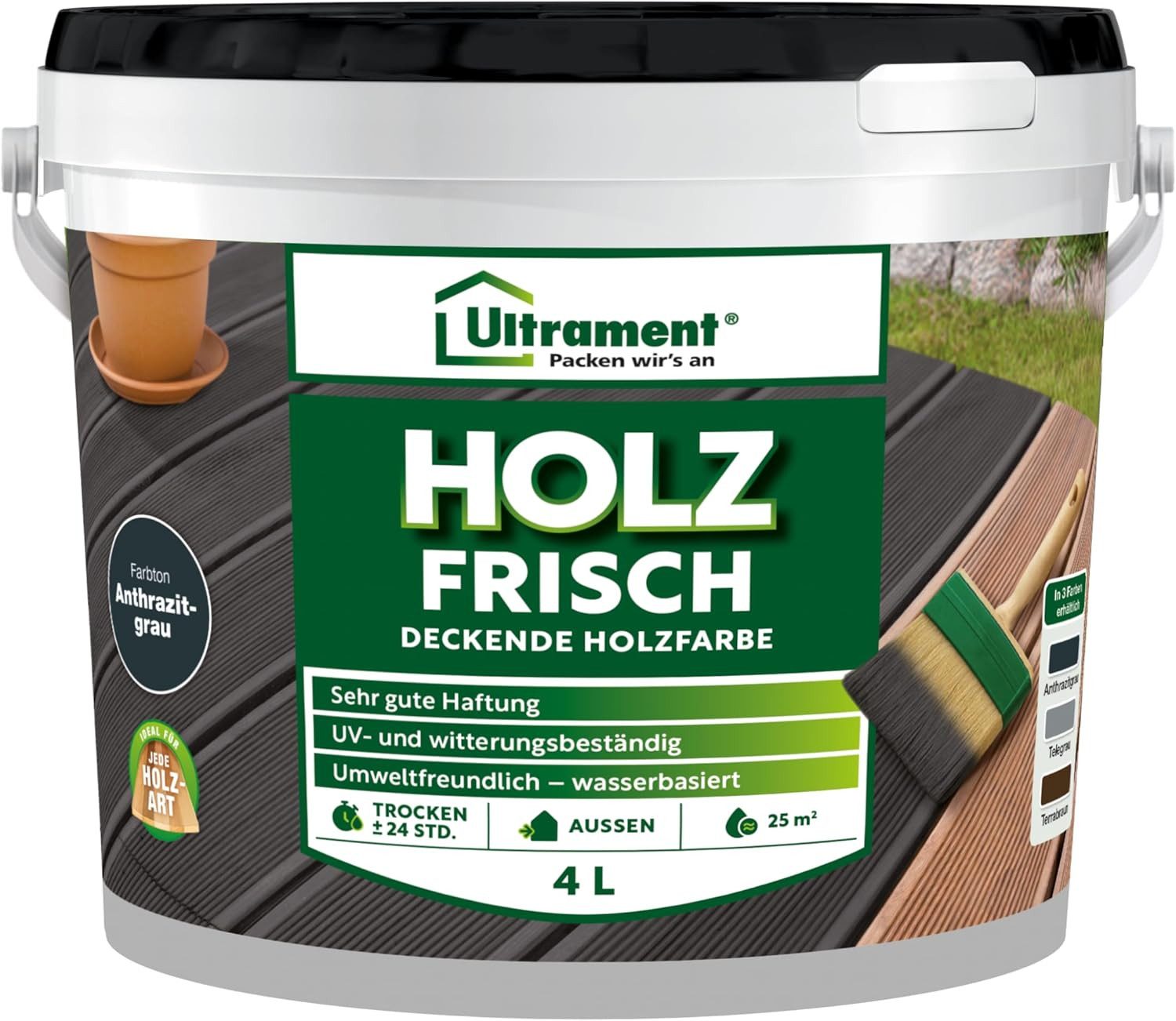 Ultrament Holzschutzlasur Ultrament Holz Frisch - Deckende Holzfarbe, Bodenfarbe Holz für Aussen, Holz Frisch - Deckende Holzfarbe, Bodenfarbe Holz für Aussen, 4 Liter