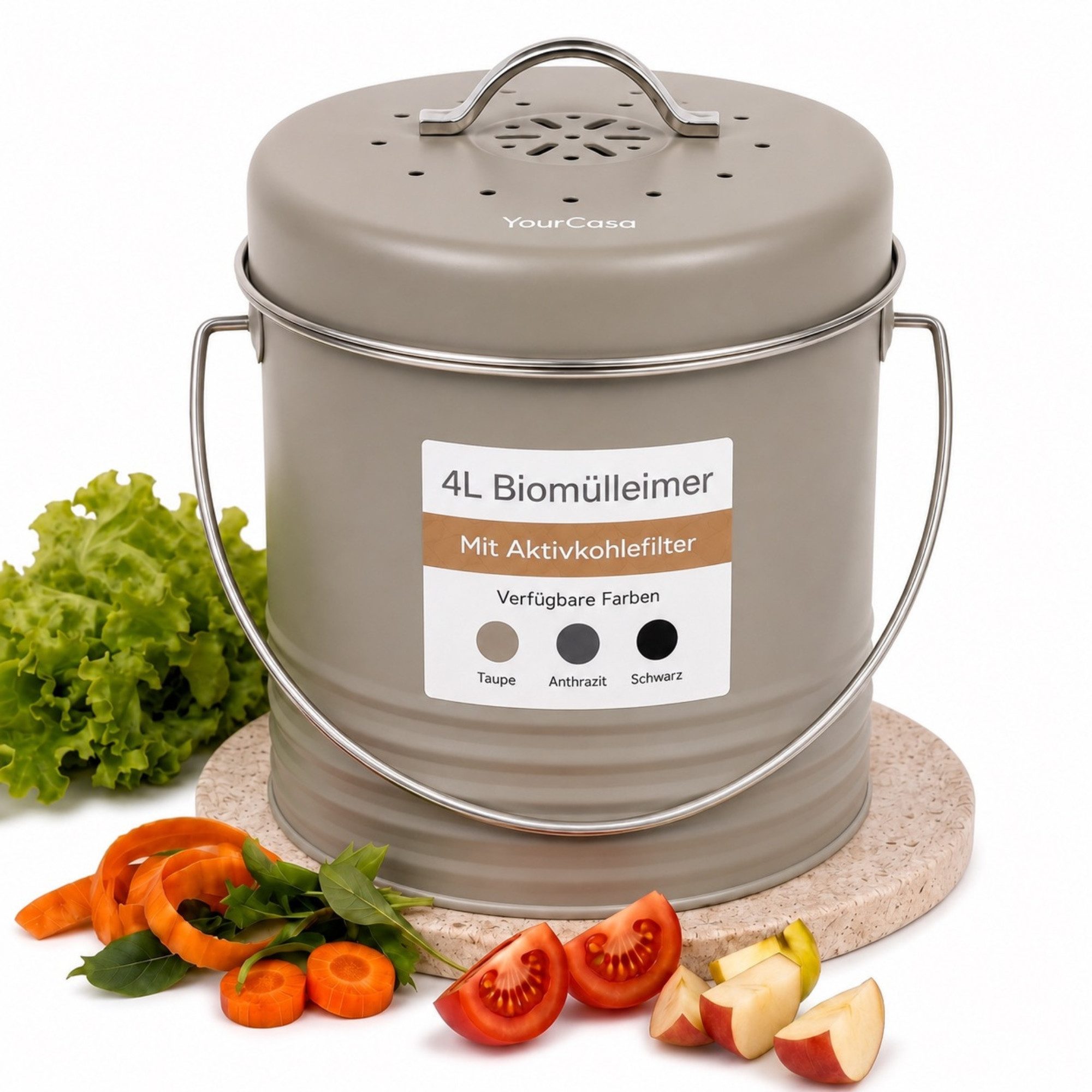 YourCasa Biomülleimer YourCasa Kora 4L Metall mit Aktivkohlefilter, 4L, Trageriff, Metall