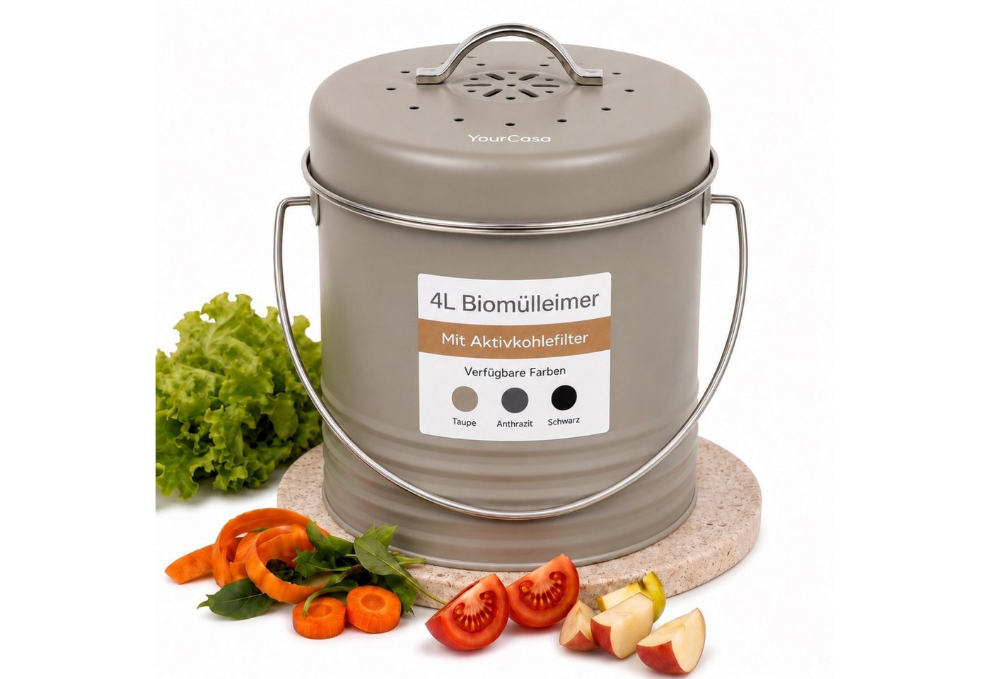 YourCasa Biomülleimer YourCasa Kora 4L Metall mit Aktivkohlefilter, 4L, Trageriff, Metall