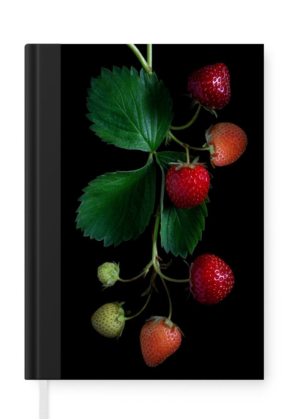 MuchoWow Notizbuch Eine Erdbeerpflanze auf schwarzem Hintergrund, Journal, Merkzettel, Tagebuch, Notizheft, A5, 98 Seiten, Haushaltsbuch