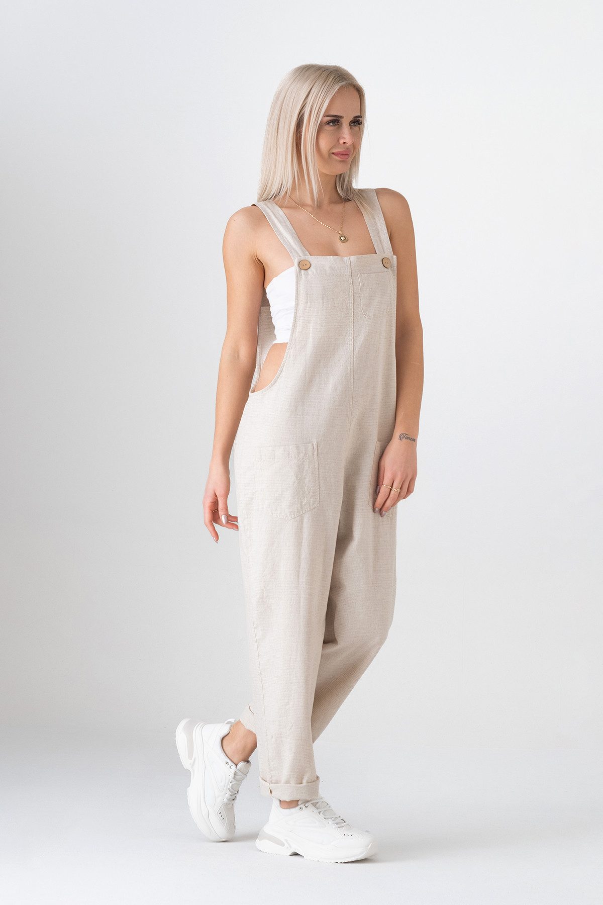 WENOR Latzhose Leinen Jumpsuit mit Taschen, verstellbar, Overall Look, Gr. 34–46 Naturfaser, Träger mit 3-fach Knopfverstellung