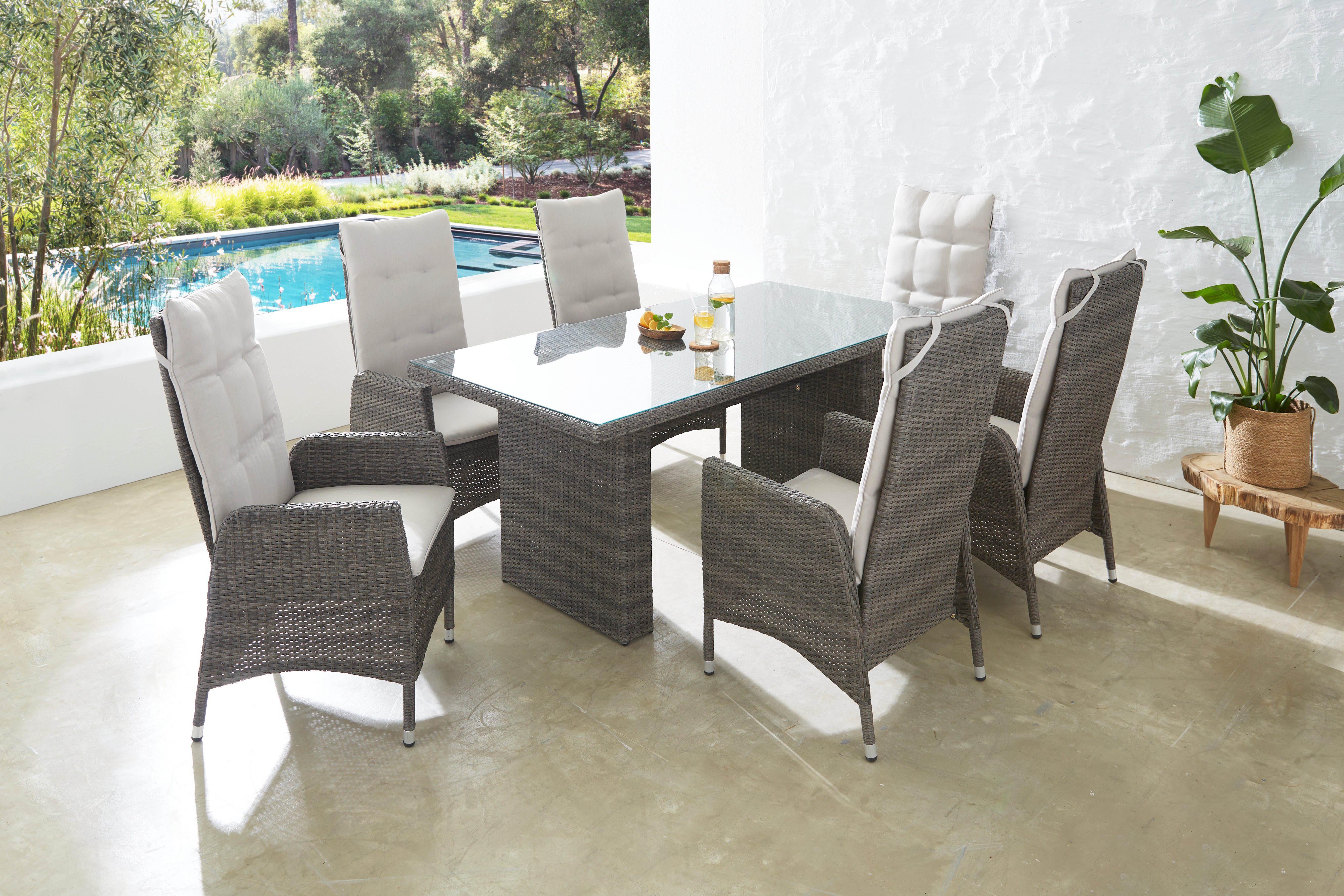 KONIFERA Garten-Essgruppe Casablanca, (Set, 7-tlg., 6x Sessel, 1x Tisch 180x90x74 cm, Stahl/Polyrattan), inkl. Auflagen