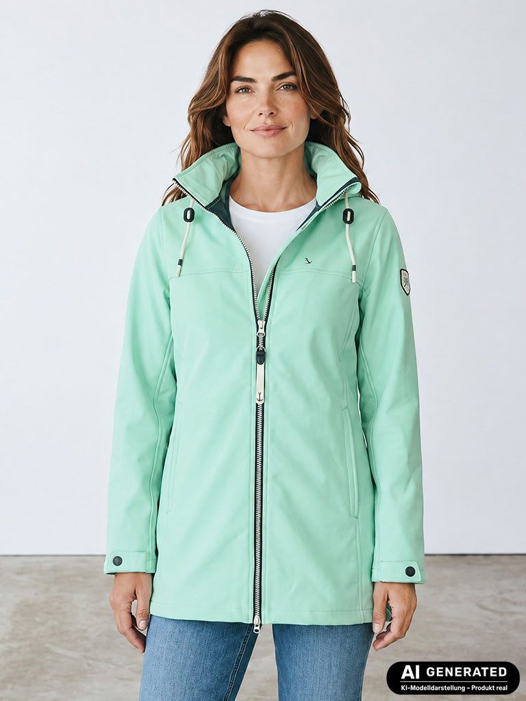 Dry Fashion Softshellmantel Hooge Damen Softshelljacke Mantel Outdoor-Jacke mit Fleece-Innenfutter Atmungsaktiv, Wind- und wasserabweisend, 2-Wege-Reißverschluss, Kapuze
