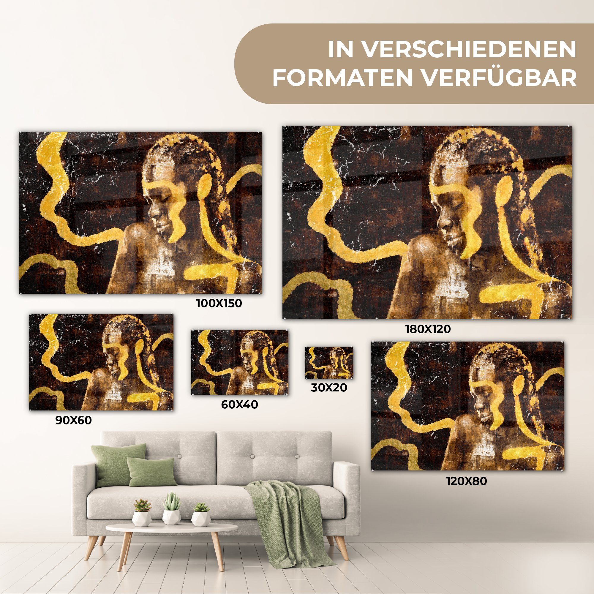 Acrylglasbild - auf - Frau Schwarz - Glas St), auf Foto Wanddekoration Bilder - (1 Glasbilder Gold, Glas - MuchoWow Wandbild