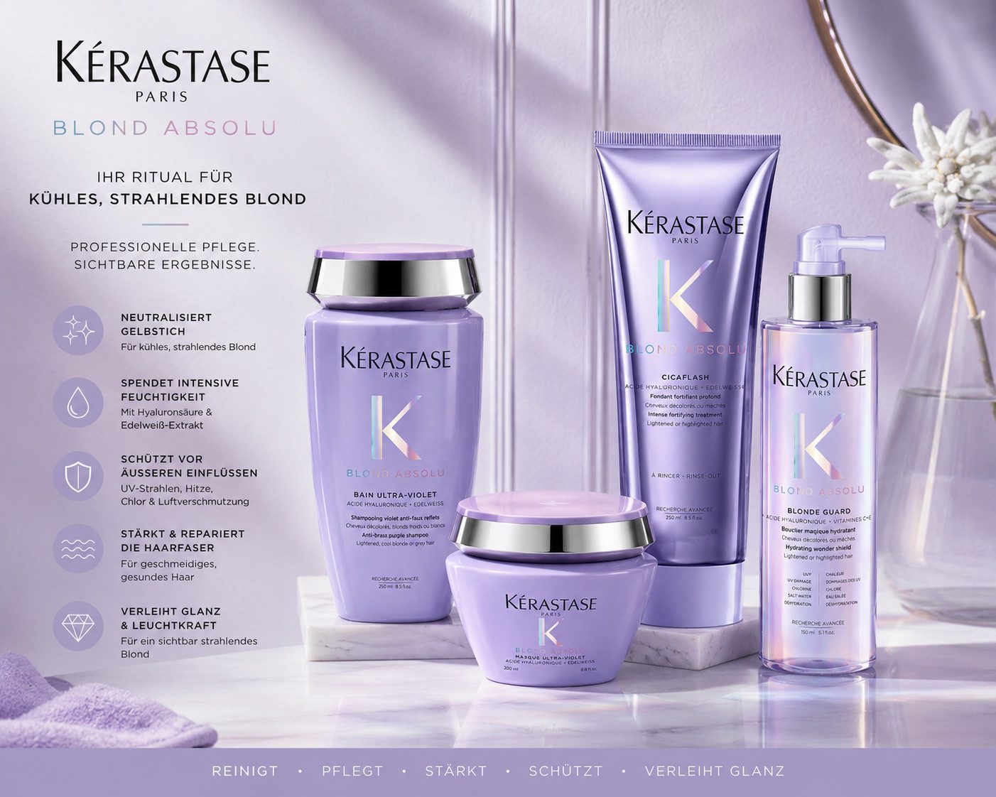 Kérastase Haarpflege-Set Blond Absolu Anti-Yellow Routine, 4-tlg., Professionelle Komplettpflege für kühles Blond