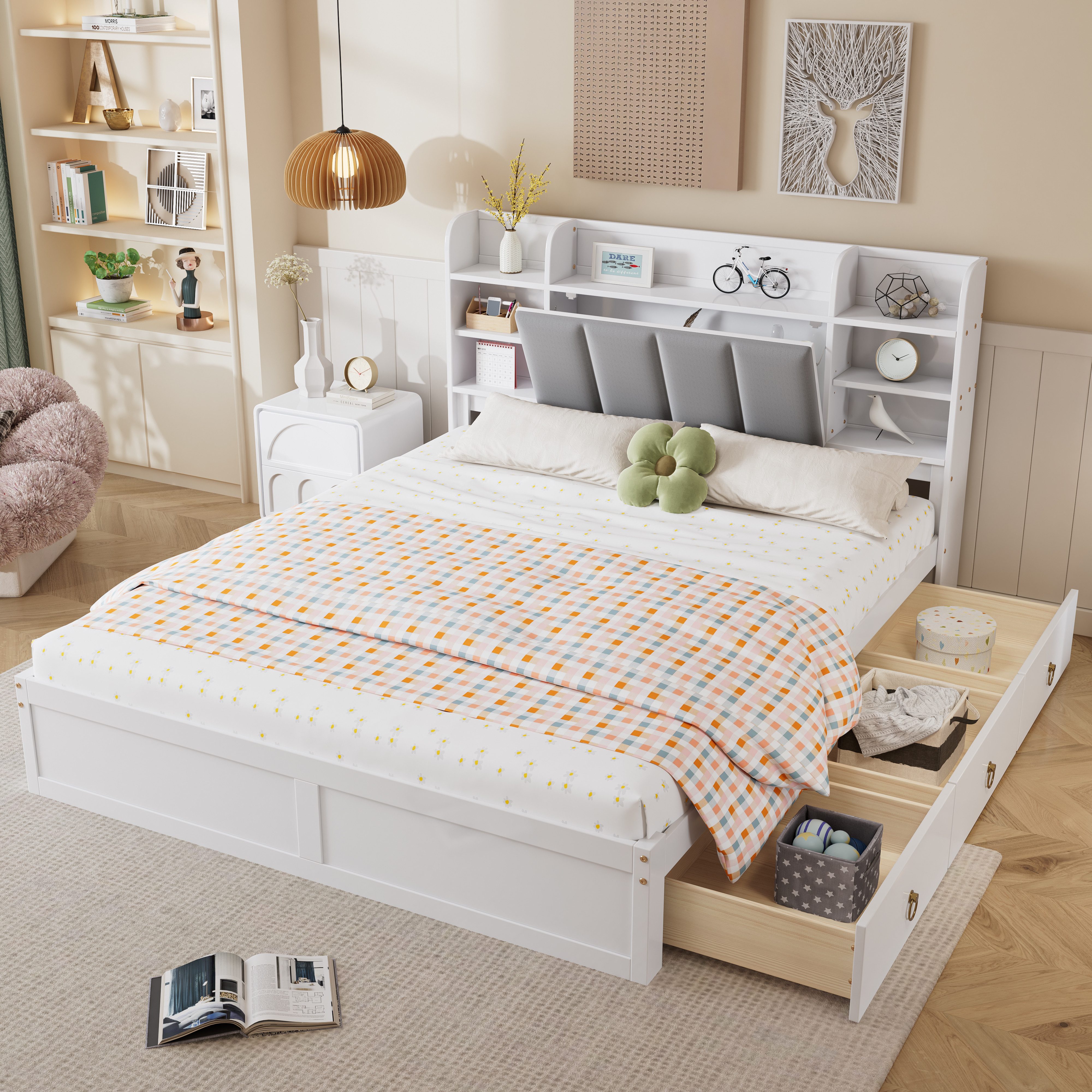 Jugendbett Doppelbett, Offenes Regal, Drei Schubladen mit Rollen,160x200cm,Weiß