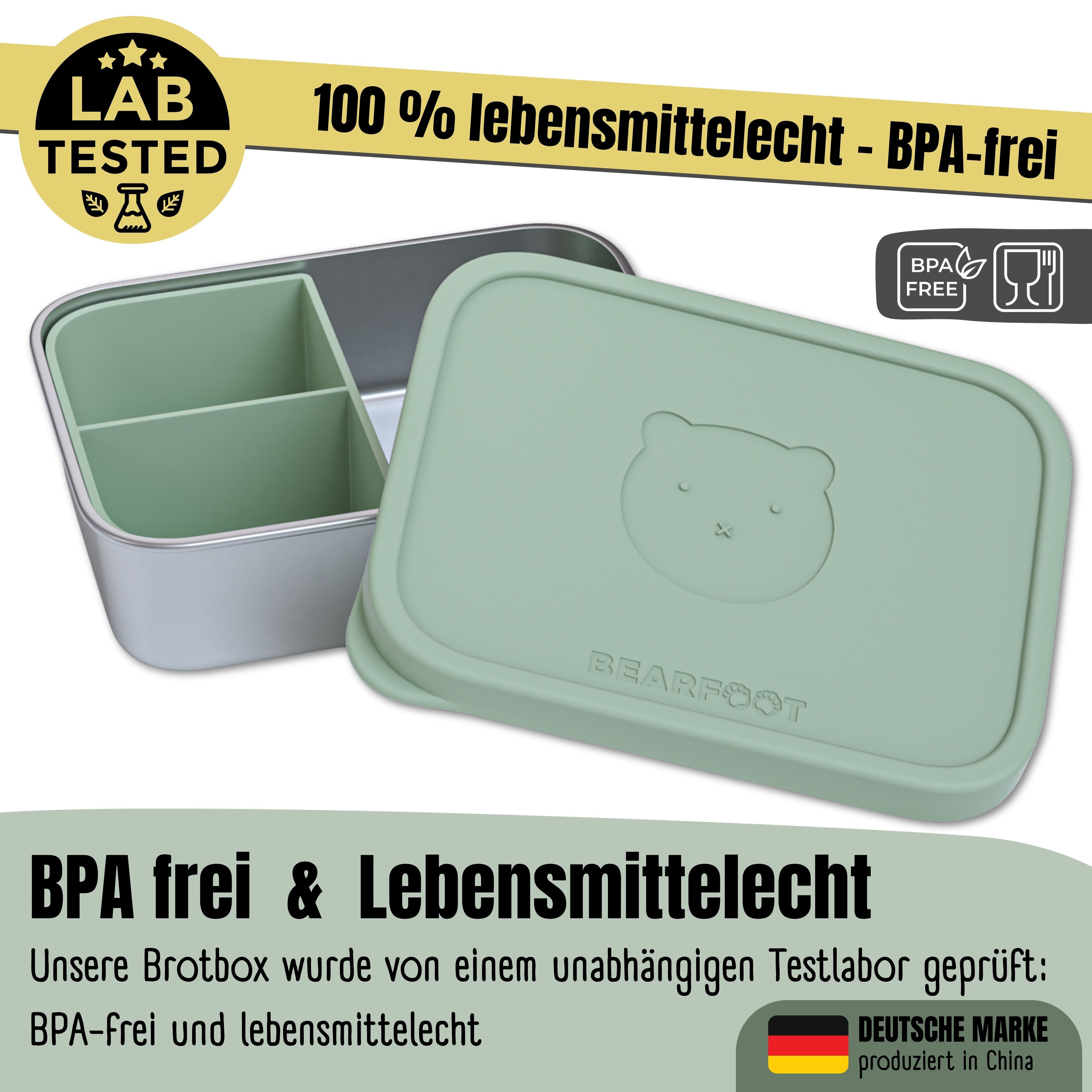 BEARFOOT Lunchbox Brotdose Kinder Edelstahl mit Silikoneinsatz - Salbei, Kindergarten und Schule - Mädchen und Jungen, Vesperbox, Snackbox – Bild 2 von 5