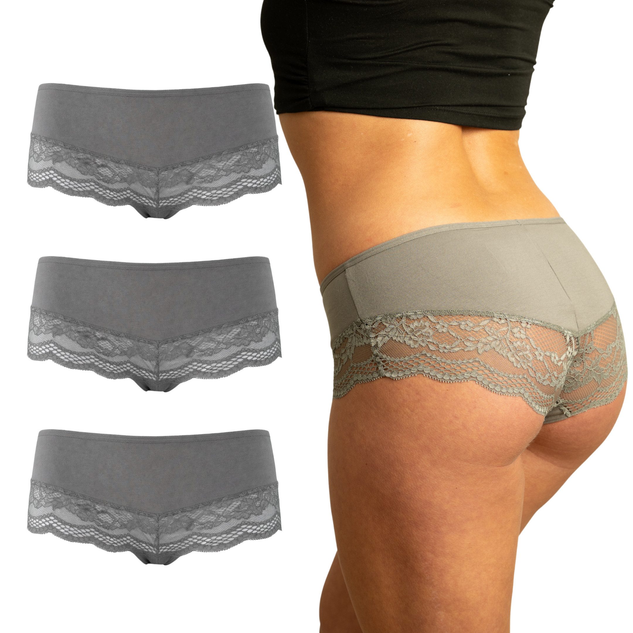 Benonetti Hipster Damen Unterwäsche – Baumwolle Hipster-Slips mit nahtloser Spitze (3er Set, 3er-Pack) mit Spitze, Elastikbund, Gemusterte Brasilslips