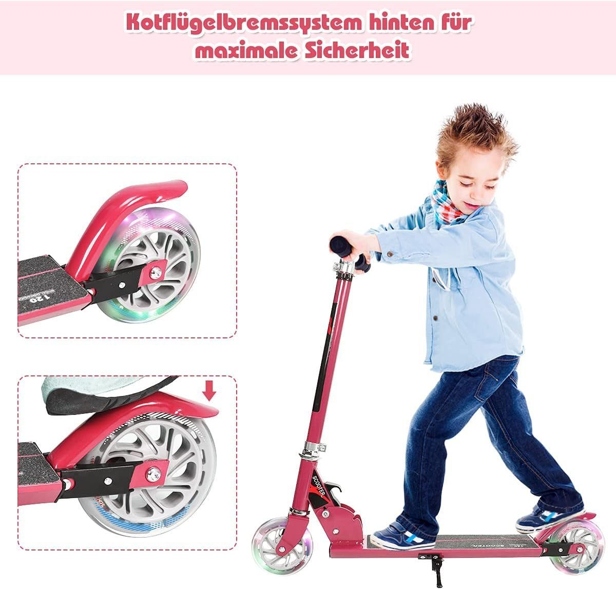 KOMFOTTEU Cityroller Kinder Roller Scooter, Rädern, mit 4 rosa Jahre LED ab