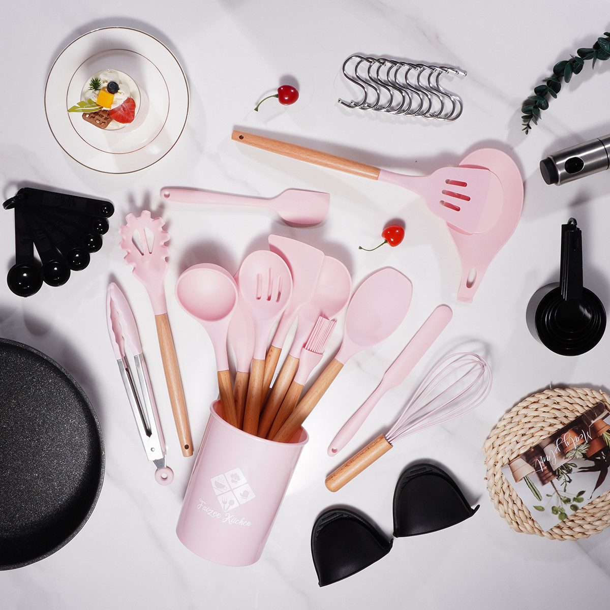 Faizee Möbel Kochbesteck-Set Küchenhelfer Set 38tlg Silikon Kochbesteck Holzgriff Küchenutensilien