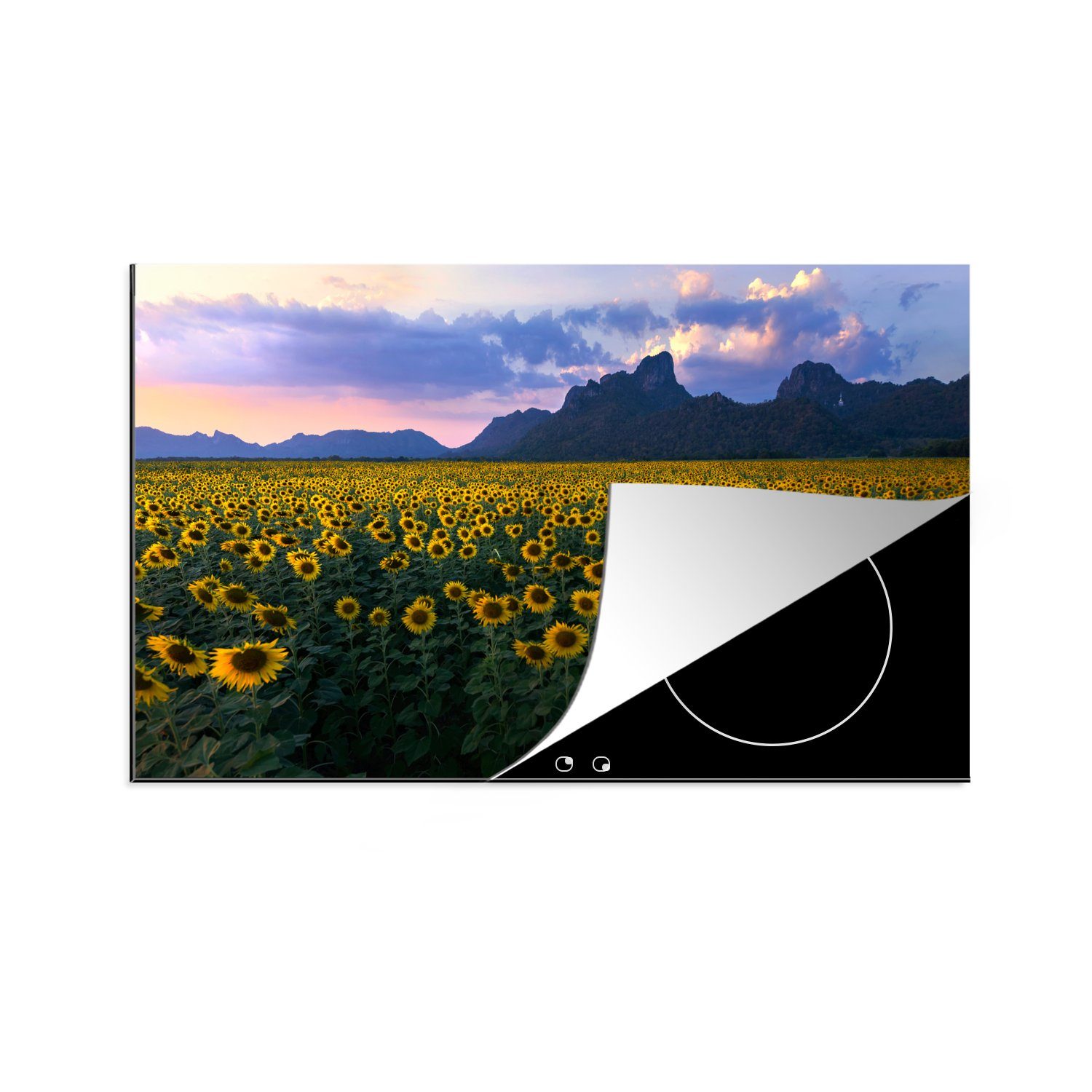 MuchoWow Herdblende-/Abdeckplatte Sonnenblume - Thailand - Himmel, Vinyl, (1 tlg), 81x52 cm, Induktionskochfeld Schutz für die küche, Ceranfeldabdeckung | Herdabdeckplatten