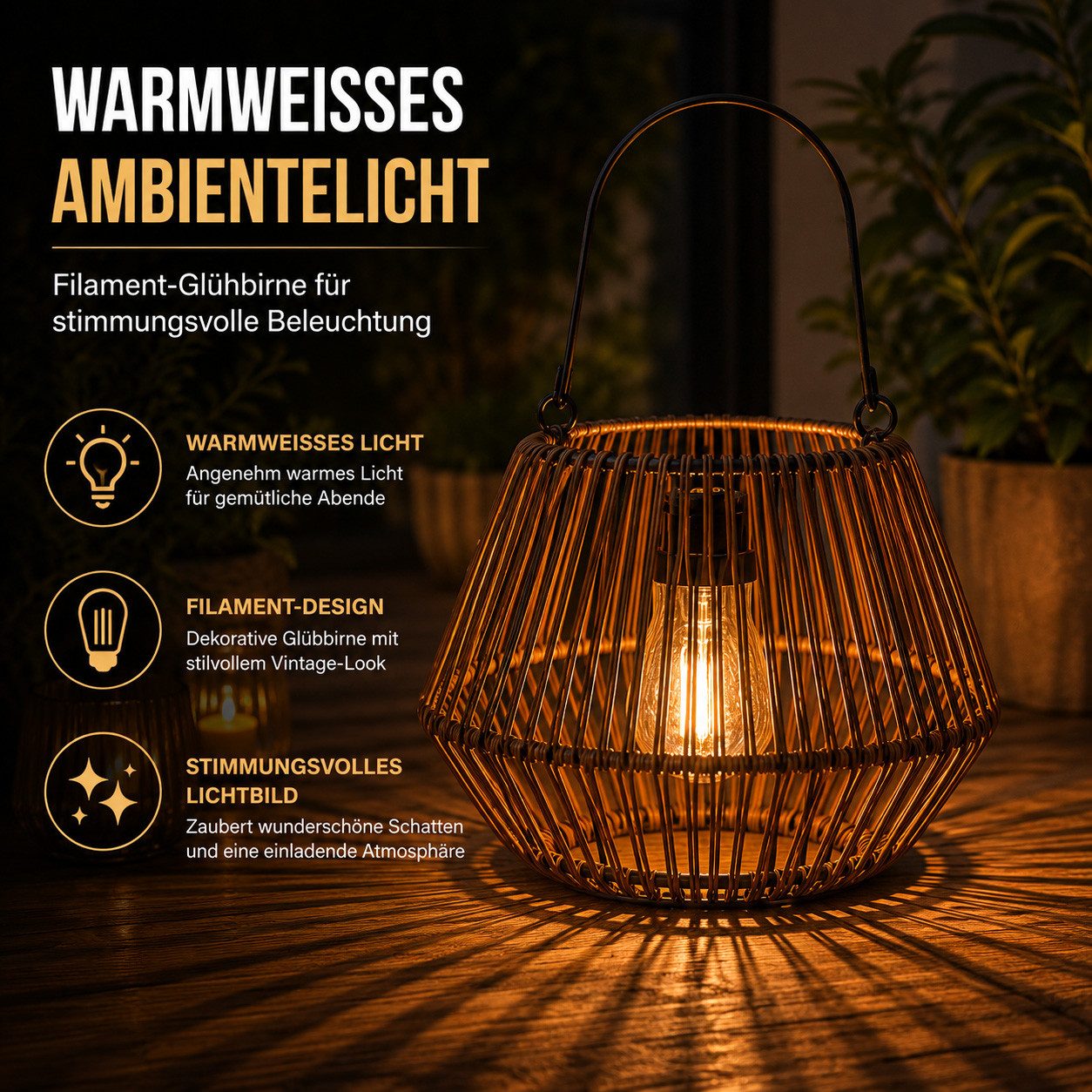 Kremers Schatzkiste LED Laterne LED Solarlaterne Rattan Optik 20 cm mit Dämmerungssensor IP44, LED fest integriert