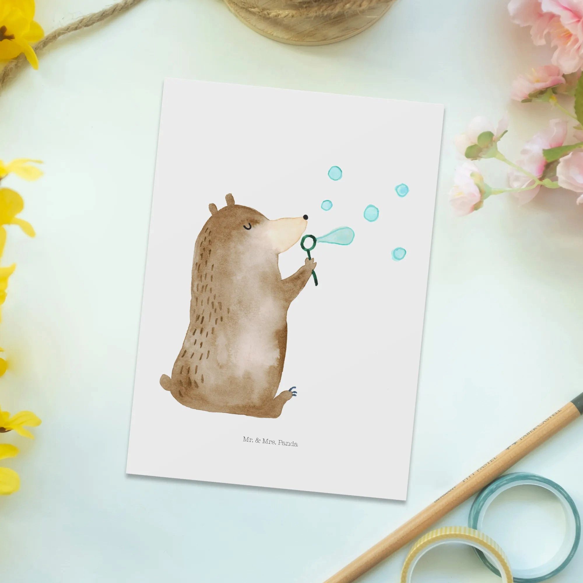 Thumbnail - Mr. & Mrs. Panda Postkarte Bär Seifenblasen - Weiß - Geschenk, Karte, Einladung, Lustig Sein Glü, Glänzende Vorderseite