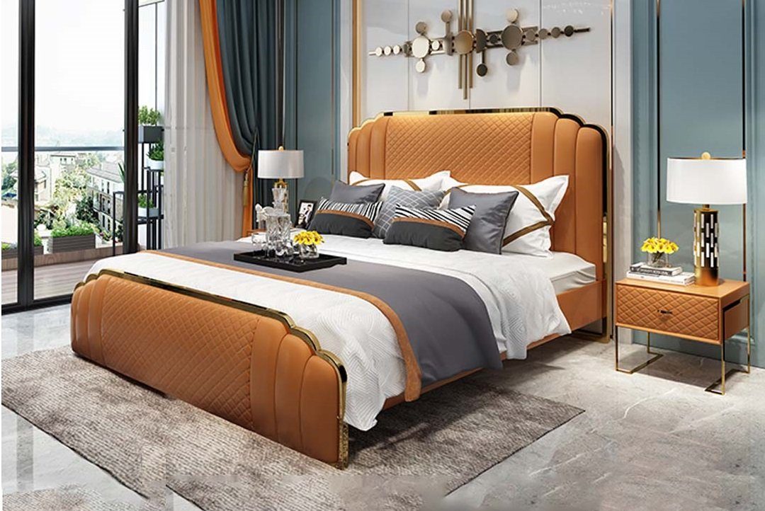 JVmoebel Bett, Bett Polster Design Luxus Doppel Hotel Betten Ehe Schlaf Zimmer Orange | Bettgestelle