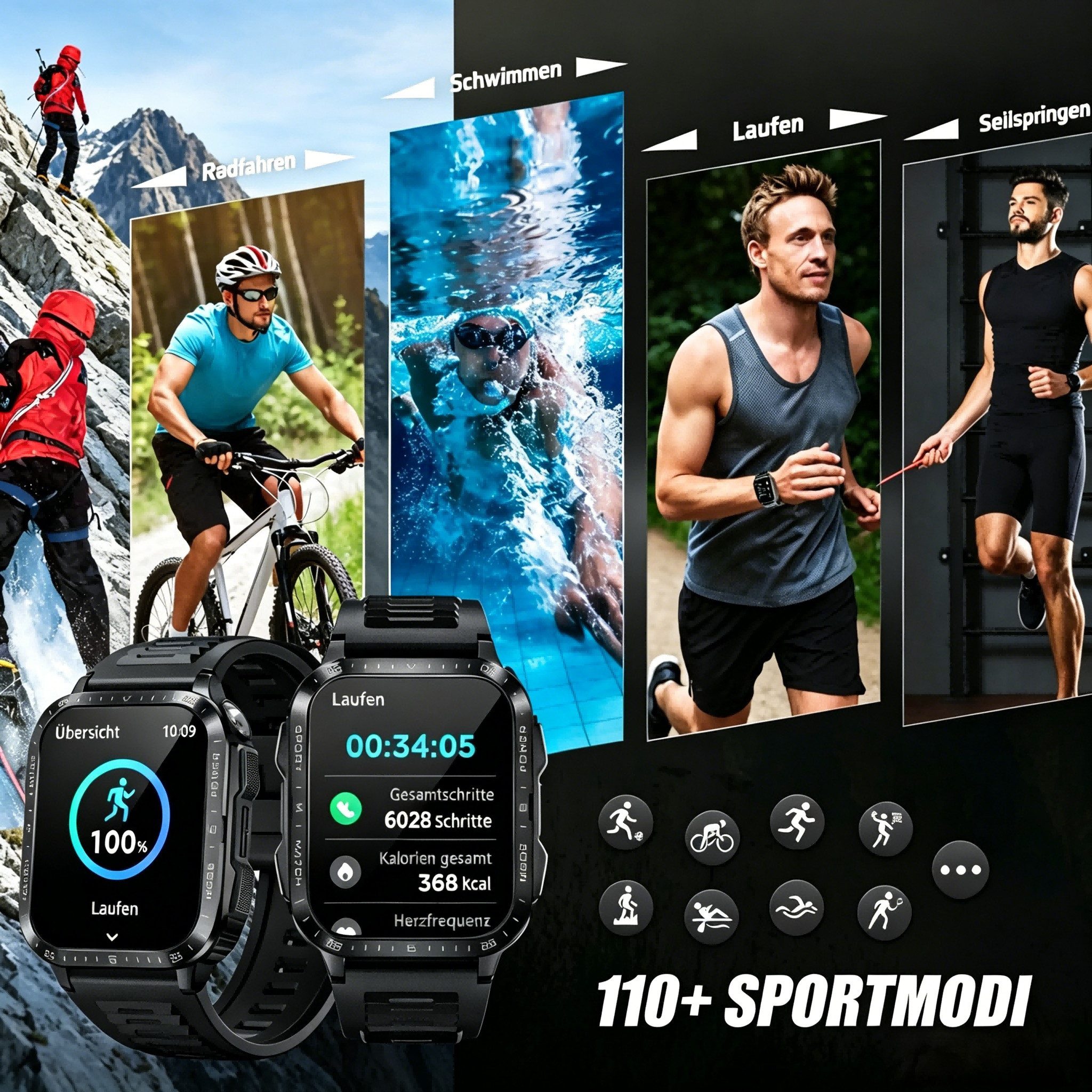 ibettertec Herren Smartwatch Militärisch mit Bluetooth Telefonie Smartwatch (4.98 cm/1,96 Zoll) 3ATM Wasserdicht, 1,96 Zoll HD Display, Zwei Armbänder, LED-Taschenlampe, 430mAh Akku, Fitnessuhr für Android iPhone