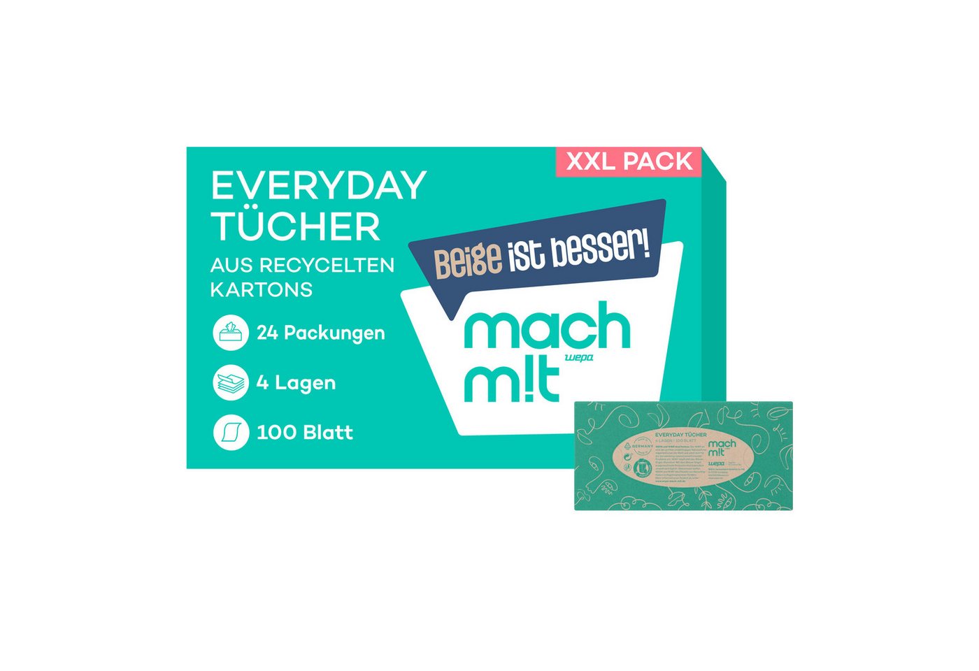 mach m!t Kosmetiktücher 4-lagig - Einzeln (1 Box) oder als Großpackung (24 Boxen) á 100 Tücher (24-St), aus recyceltem Karton