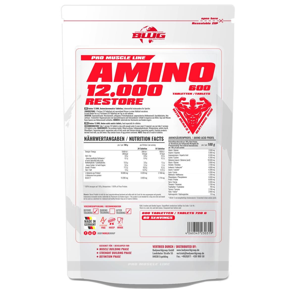 BWG BWG Amino Restore 12.000 - 600 Tabletten 720g - Made in Germany Tablette, 720 g