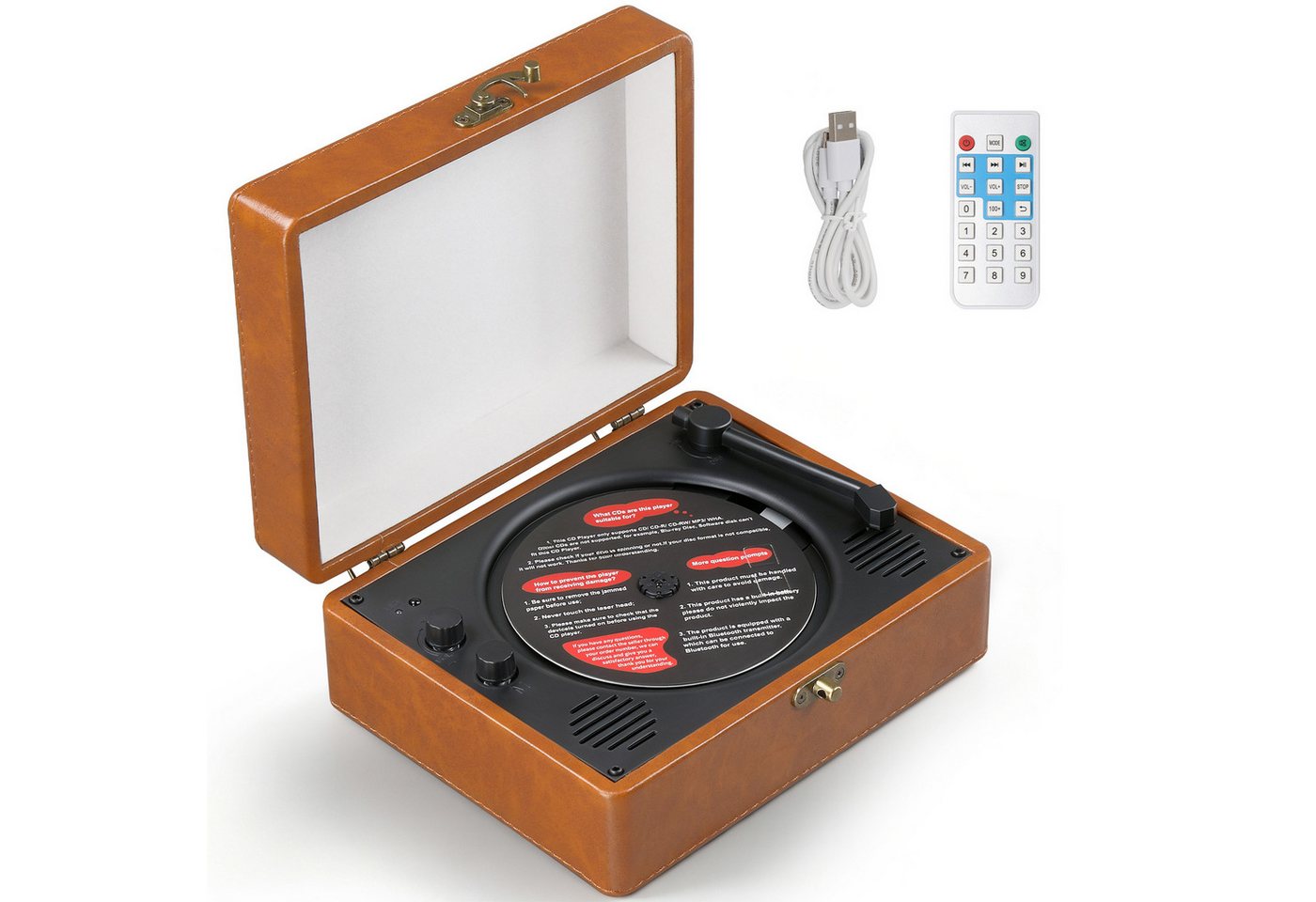 LALAHO Retro Koffer‑CD‑Player mit Bluetooth, 10W Dual‑Stereo‑Lautsprecher Stereo-CD Player (USB‑AUX‑Kopfhöreranschluss, Fernbedienung, Tragbarer CD‑Spieler)
