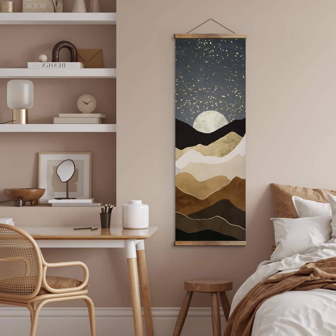 K&L Wall Art Leinwandbild Vintage Stoffbild Poster Natur Berge gold Mond Feng Shui Deko, SpaceFrog Banner modern ohne Zubehör